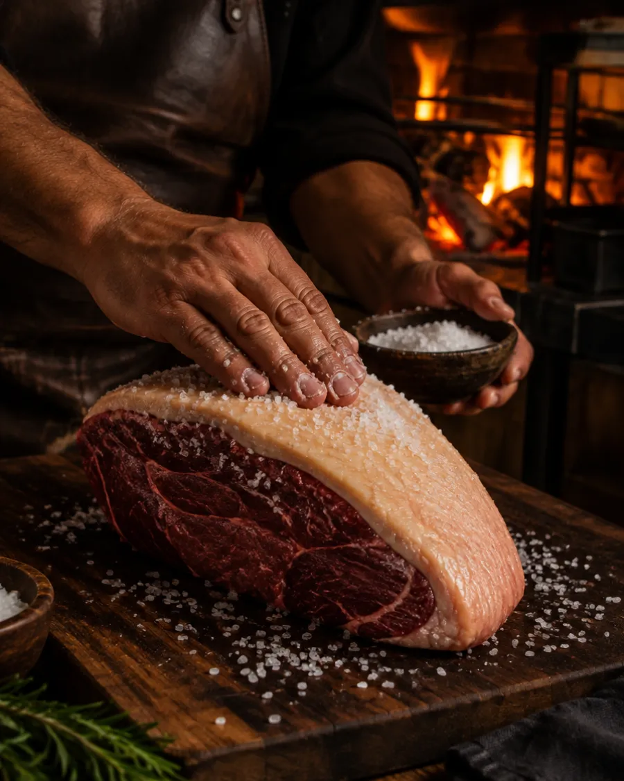Hands rubbing rock salt over a raw picanha with its fat cap