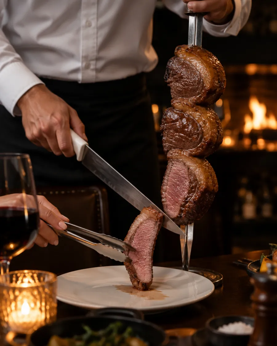 A gaucho carving picanha from the skewer straight onto the plate at the table