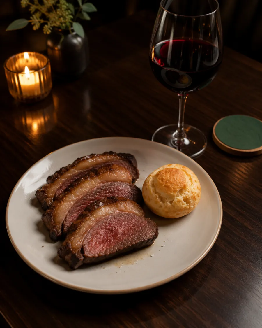 Table with picanha, cheese bread, a glass of red wine and the green rodízio card