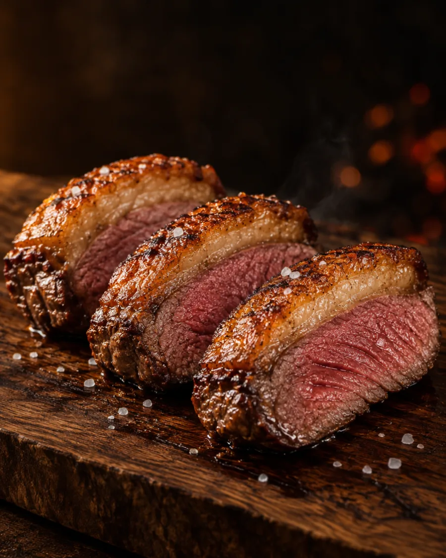 Three thick slices of rosy picanha with a golden fat cap on a wooden board