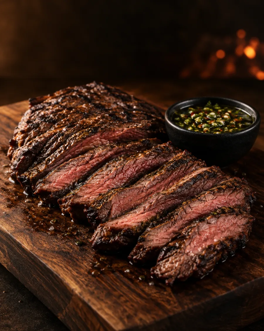 Sliced flank steak, rosy inside, with a bowl of chimichurri
