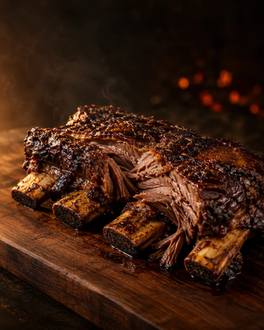 Slow-roasted beef ribs falling off the bone on a dark board