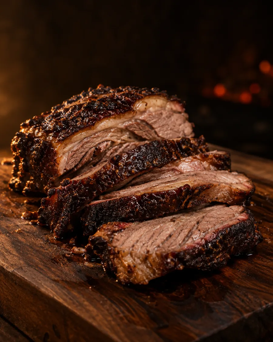 Thick slices of cupim with a caramelized crust stacked on the board