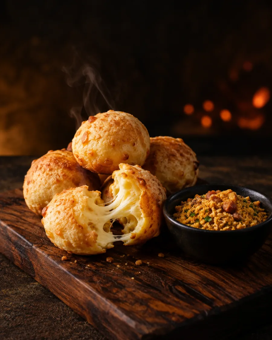Golden Brazilian cheese breads, one torn open with stretchy cheese, next to farofa